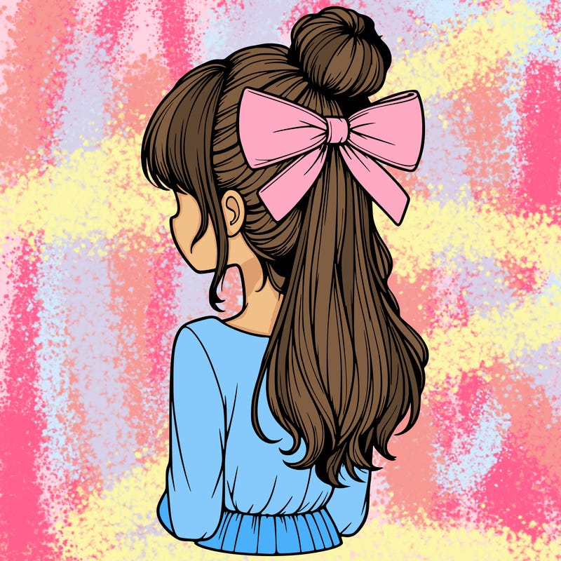 realistic girl  with hip length hair a bun and a big bow on the back of head