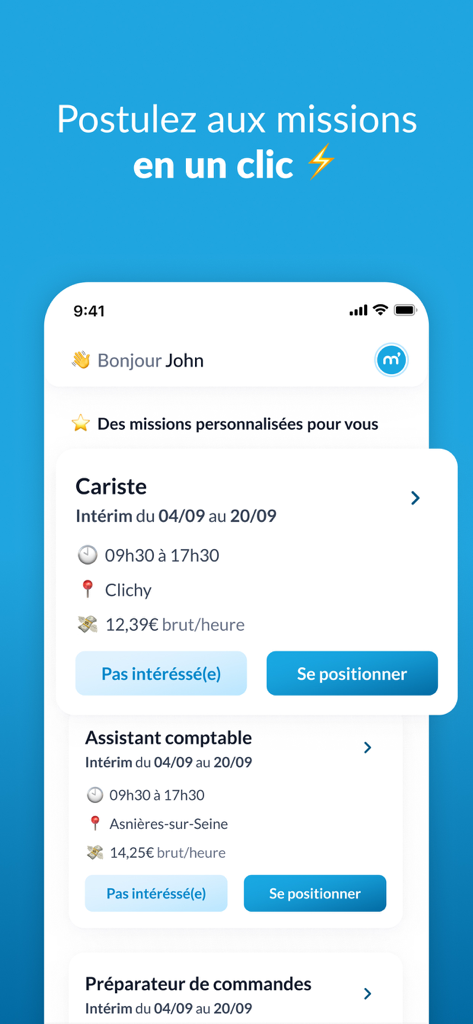 Schermata dell'app Mistertemp che mostra varie offerte di lavoro e un pulsante di candidatura