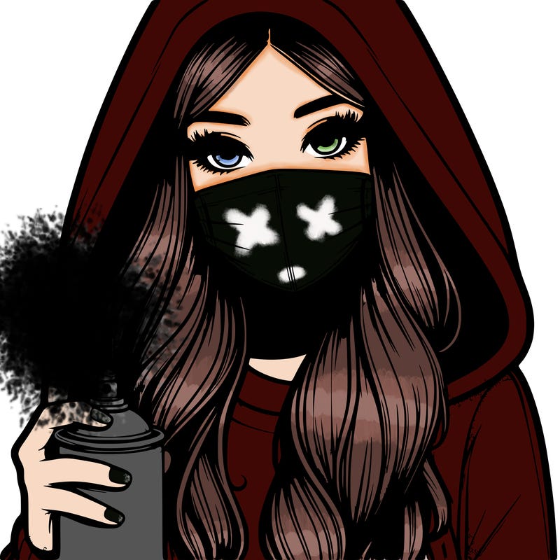 girl wearing a mask with long hair with her hood up spray-painting realistic