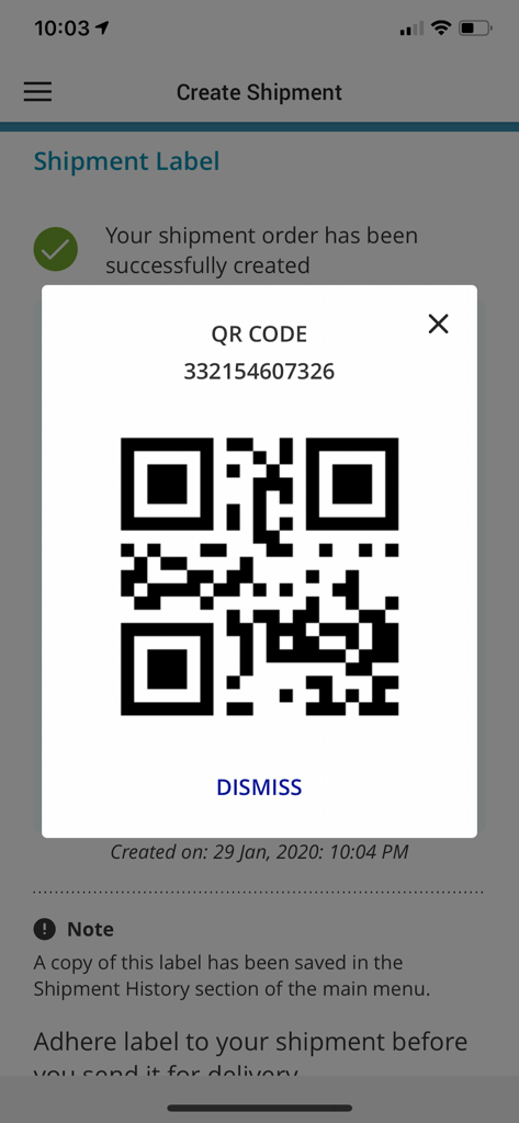 Purolator - Purolator mobile app screen showing a shipment confirmation with a QR code for easy label printing