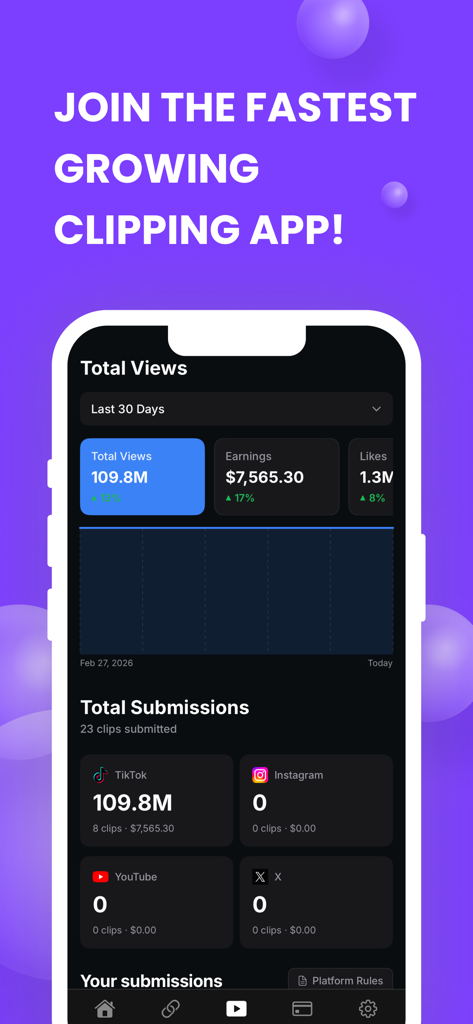 Clippable - Earn Money Posting - Clippable app dashboard showing total views and earnings performance for social media content creators.