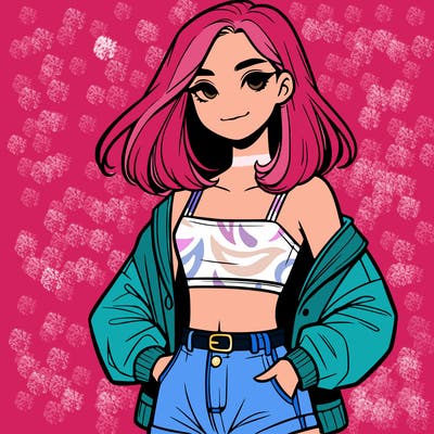 a realistic girl with a crop top and short shorts in an open jacket