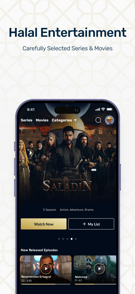 Hilal: TV-Content, Athan-Qibla - Interface of the Hilal app showing halal series and movies like Saladin and Resurrection Ertugrul.