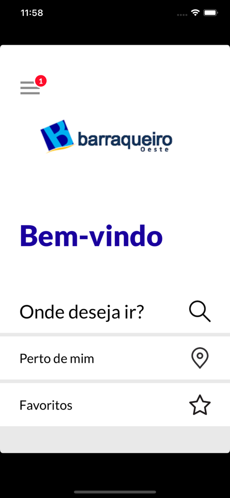 myBO - The home screen of the myBO mobile app for Barraqueiro Oeste bus schedules showing welcome message and navigation options.