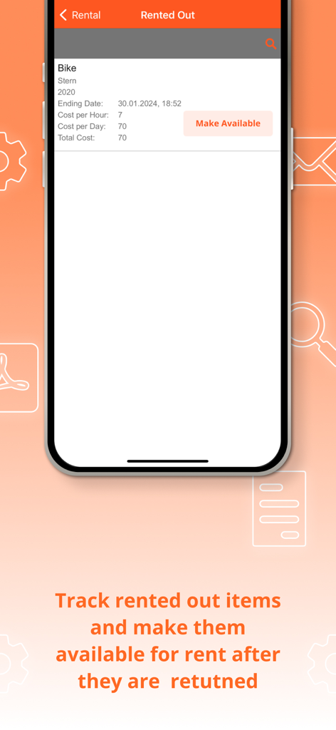 Rental Business Management App - Rental management app screen displaying details of a rented item and options to update its status.