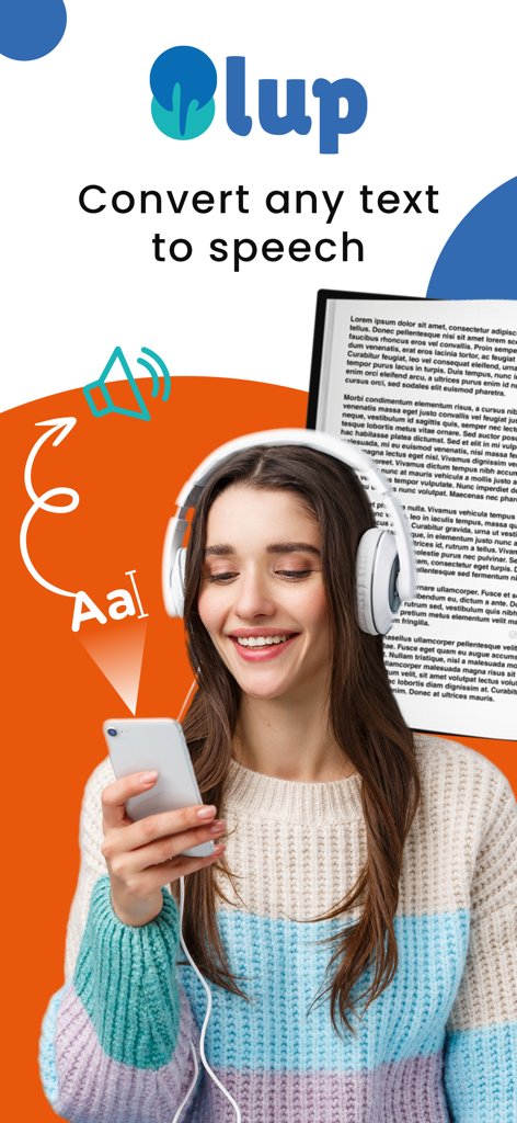 LUP: Reader, text to speech - A woman wearing headphones and smiling while using the LUP app to convert a printed document into speech on her smartphone.