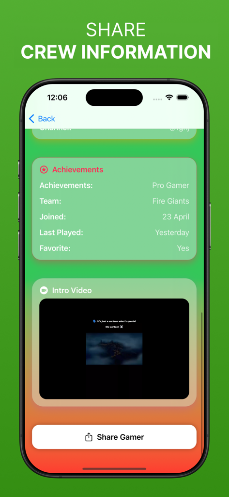 HaIaI CIoud Gaming - Mobile app screen showing gamer achievements and a profile share button for a gaming crew