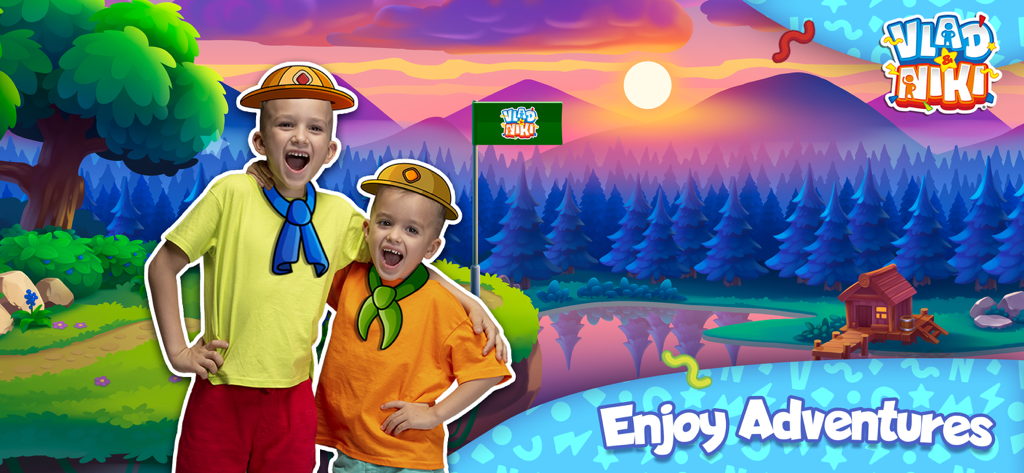 Vlad and Niki dressed in scout outfits in a colorful forest camp setting with a lake and mountains