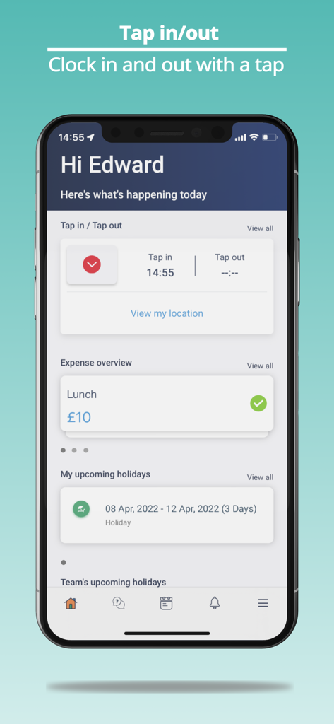 Access PeopleHR - Access PeopleHR mobile app interface showing tap in clock feature and employee dashboard