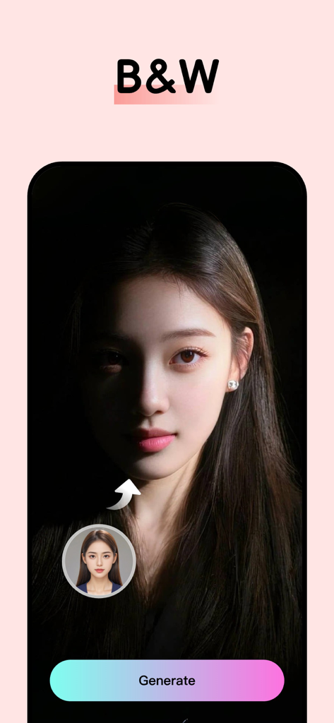 闪秀 - 高颜值写真照片、 一键换装秒出大片 - ShanXiu app screen showing a dramatic black and white AI portrait created from a source photo