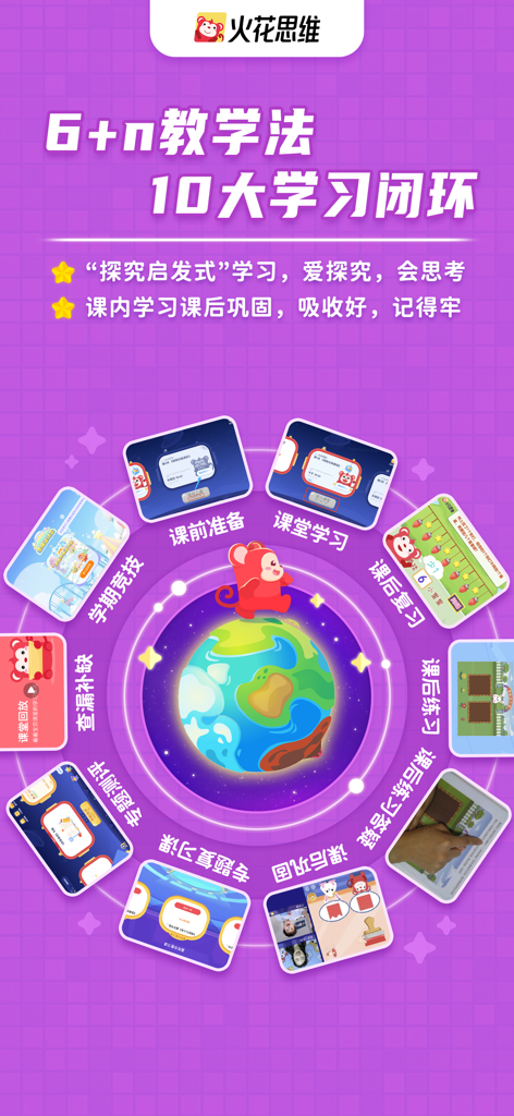 火花思维课堂（学生端）-幼儿早教数学思维益智开发 - Ein farbenfrohes kreisförmiges Diagramm, das den 10-stufigen Lernzyklus der Spark Thinking App zeigt, mit einem Affen-Maskottchen und verschiedenen Lernphasen von der Vorbereitung bis zum Wettbewerb.