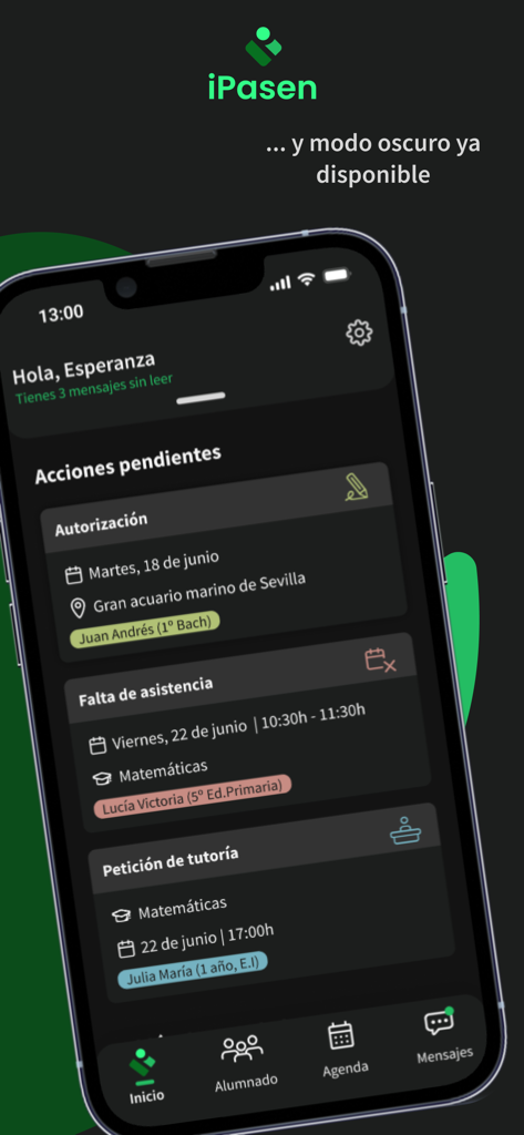 The iPasen school management app dashboard in dark mode displaying student notifications and pending actions.