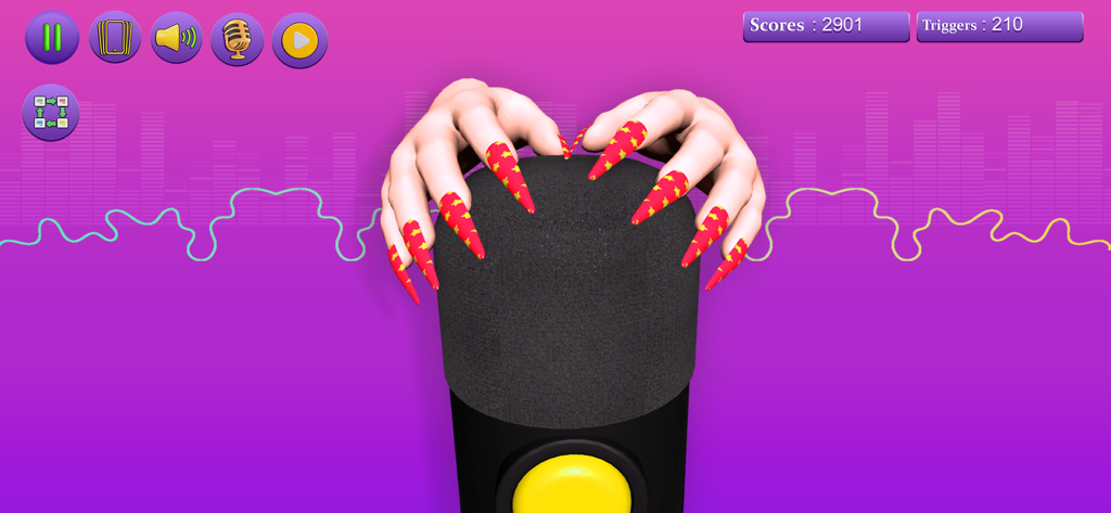 Hands with long decorated nails scratching a microphone in the ASMR Artist app