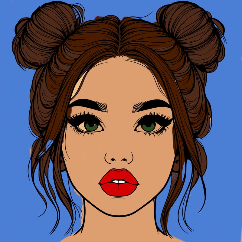 realistic girl with two buns on her hair and lips