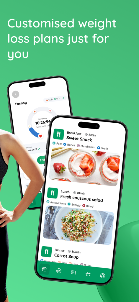 Interface of the Best.Me app displaying customized weight loss meal plans and an intermittent fasting timer.