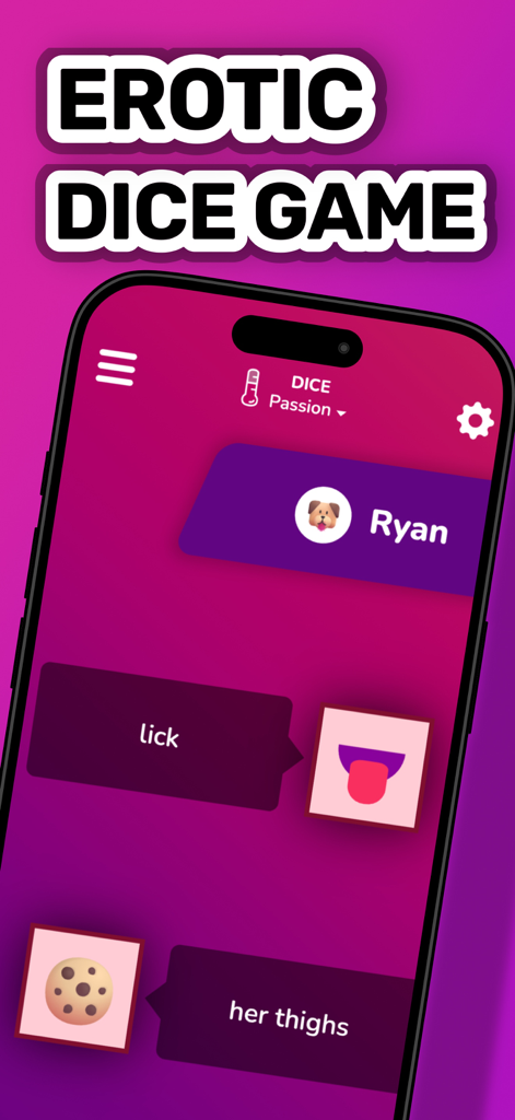 Sex Games for Couples • Blush - Interfaz del juego Dados Eróticos en la aplicación Blush para parejas.