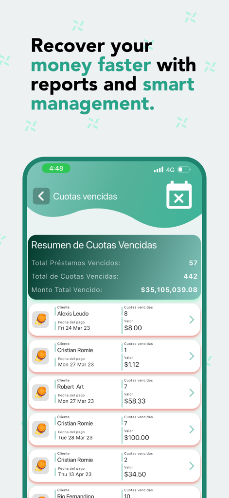 Loan Manager - Cobrapp - Schermata dell'app mobile che mostra un riepilogo delle rate di prestito scadute e un elenco di debitori con il loro stato di pagamento