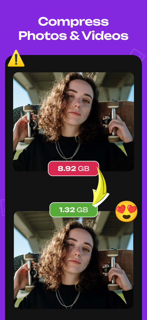 Photo & Video Compressor App - A comparison showing a photo file size reduction from 8.92 GB to 1.32 GB to save device storage space.
