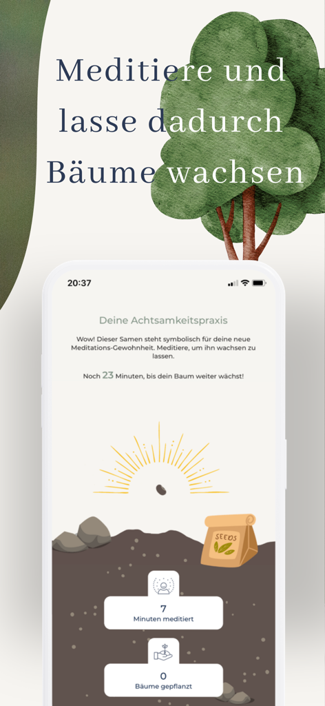 Achtsamkeitsakademie - Eine mobile App-Oberfläche, die einen Meditations-Tracker zeigt, der Achtsamkeit mit Baumpflanzung belohnt