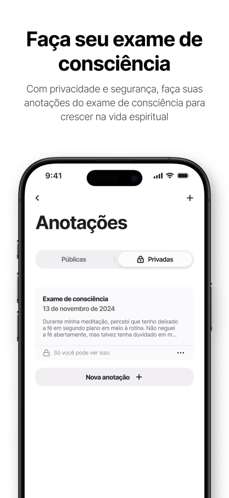 Private notes and examination of conscience interface in the Capela app.