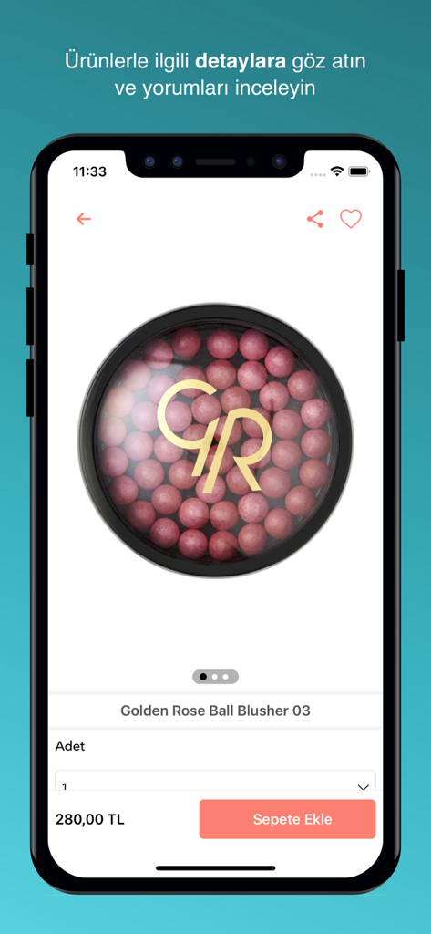 Golden Rose - Pantalla de la aplicación móvil Golden Rose que muestra detalles del rubor en perlas rosa.