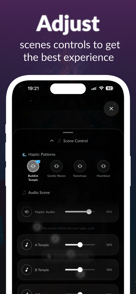 Vibrator Zen Strong Vibration - Interfaz de la aplicación Vibrador Zen para ajustar patrones hápticos y controles de escena de audio