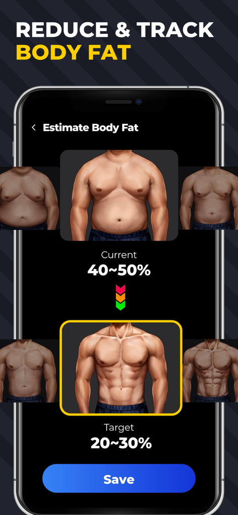 Mobile app interface for estimating and tracking body fat percentage goals with visual examples.