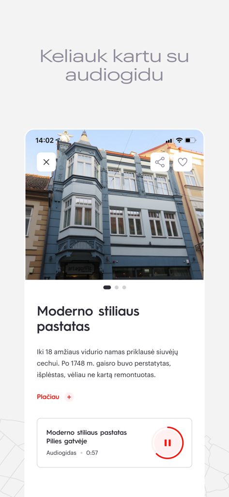 Audio guide interface showing a modern style building in Vilnius