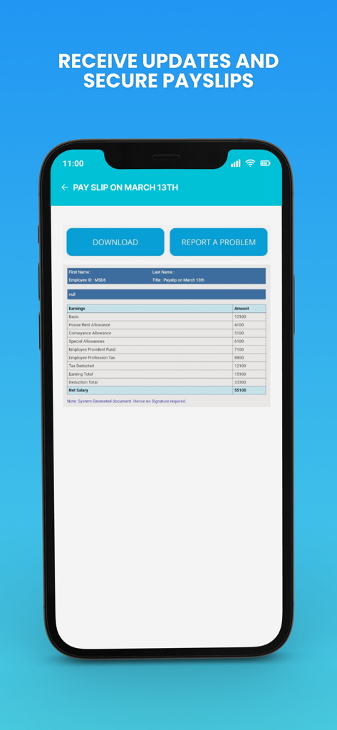 WOVO - Smartphone screen displaying a digital pay slip with download and report options in the WOVO app