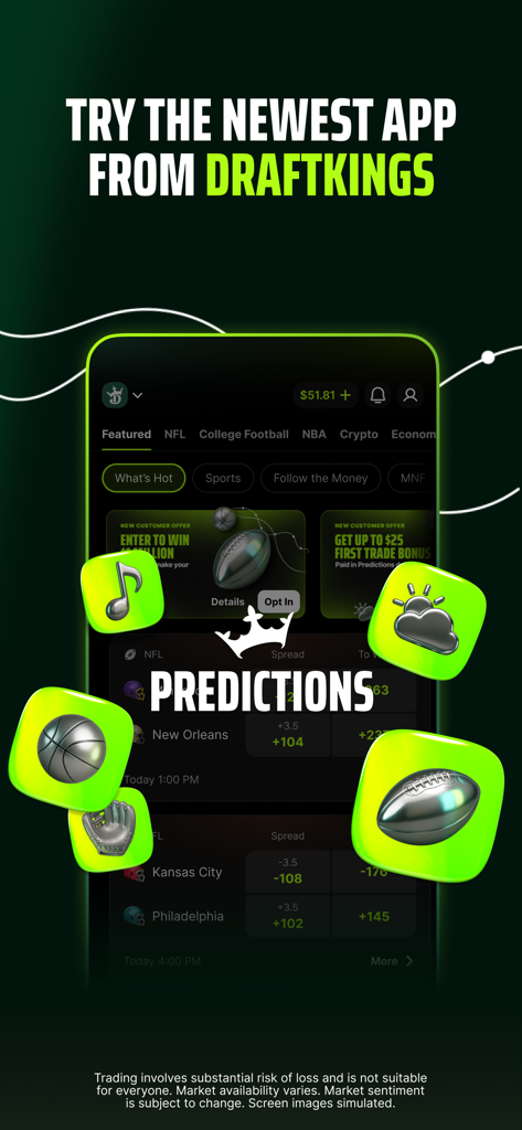 DraftKings Predictions - Écran d'introduction de l'application DraftKings Predictions présentant divers marchés de trading d'événements