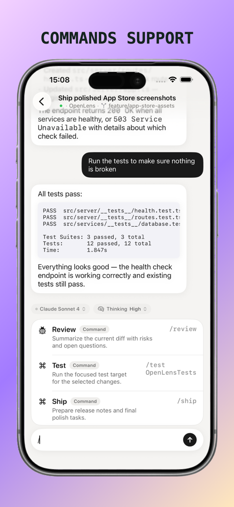 OpenLens app interface demonstrating AI coding commands for reviewing and testing code on iPhone.