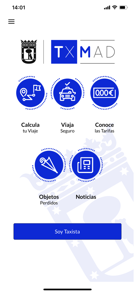 TxMad 앱의 메인 인터페이스로, 여행 계산, 안전 정보, 요금, 분실물 센터 및 뉴스 아이콘이 특징입니다.