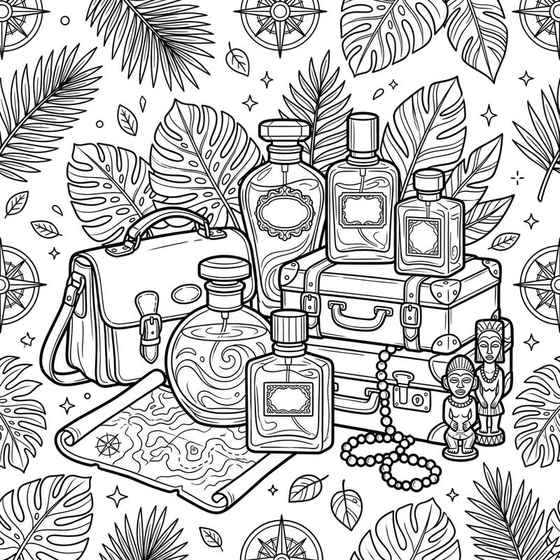 Unpack your creativity with this unique coloring page featuring exquisite amber fragrances amidst charming vacation travel essentials. Dive into a detailed scene of perfumes, vintage suitcases, and exotic souvenirs, ready for your artistic touch.