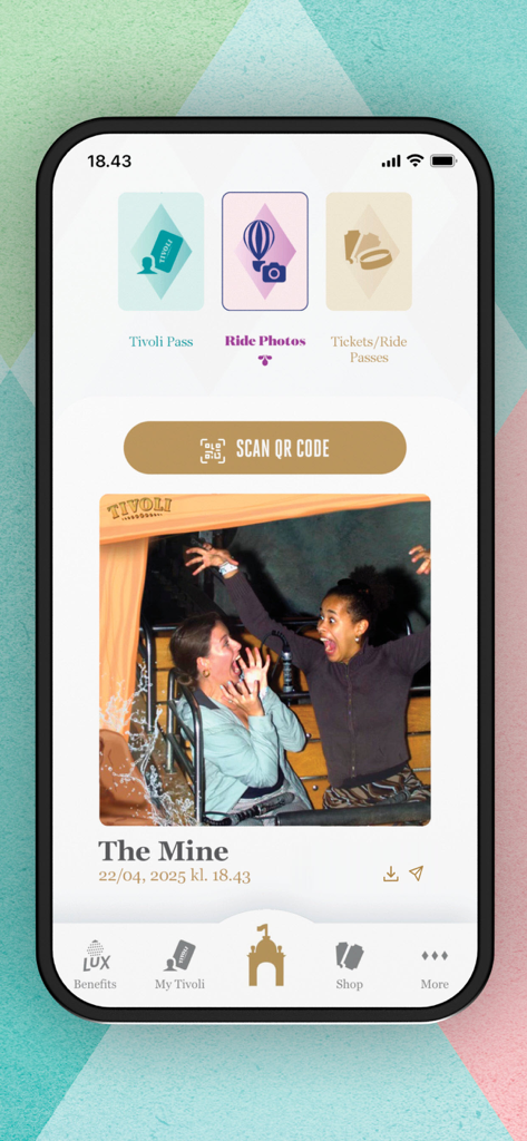 Tivoli Gardens - Tivoli Gardens app interface displaying digital ride photos from The Mine attraction