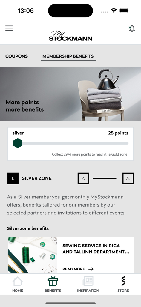 MyStockmann app screen showing silver membership status and point progress.