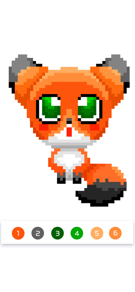 A cute pixel art fox being colored by numbers in the Pixel Artist app interface.