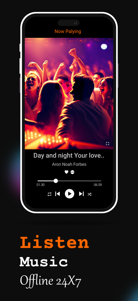 オフライン音楽プレーヤーのインターフェイスが表示されたモバイル画面。パーティーシーンと再生コントロールが含まれている。