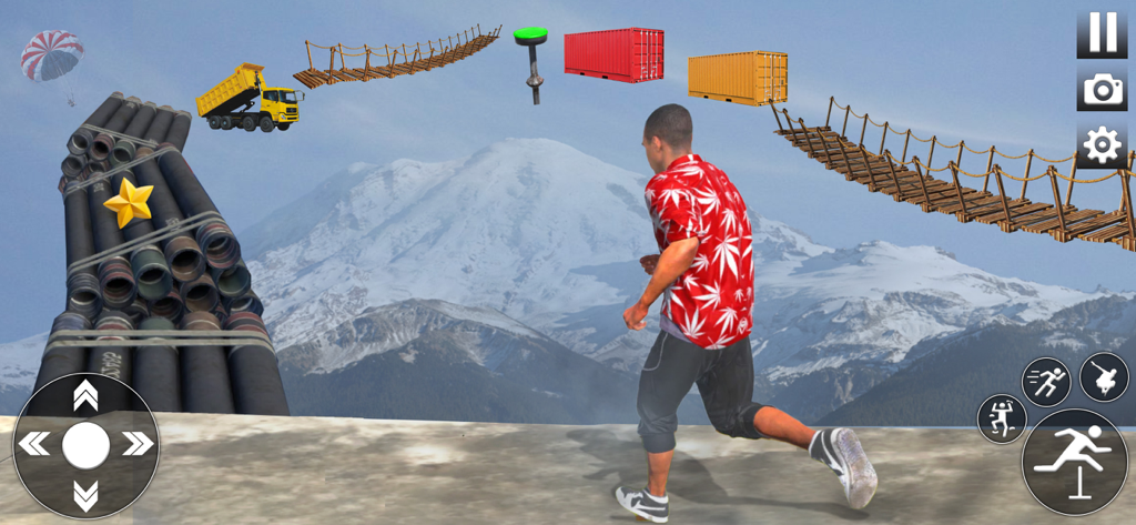 Jumping Up Parkour Sim 3D Game - A character in a red shirt running towards a sky high parkour obstacle course with a snowy mountain in the background.