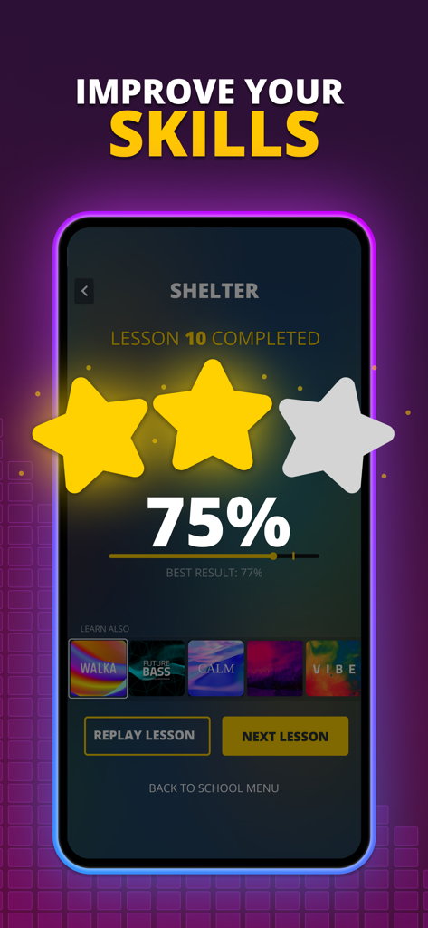 Écran montrant une leçon de musique terminée dans l'application Beat Lab avec un score de 75 % et des étoiles de réussite