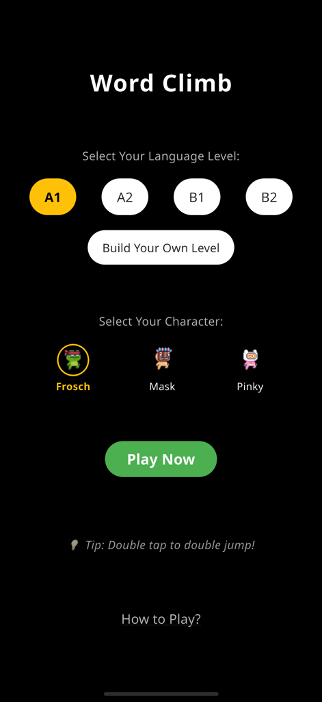Word Climb - German Articles - Main menu screen of Word Climb German Articles showing level selection from A1 to B2 and character picker.