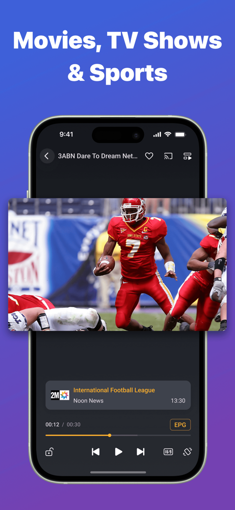 IPTV Stream Player – Live TV - App IPTV Stream Player che mostra una partita di football americano in diretta su uno schermo di smartphone