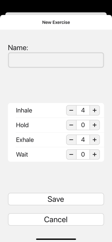 Open Breathwork Freely Breathe - Interface pour créer un chronomètre d'exercice de respiration personnalisé avec des durées réglables pour l'inspiration, la rétention et l'expiration.