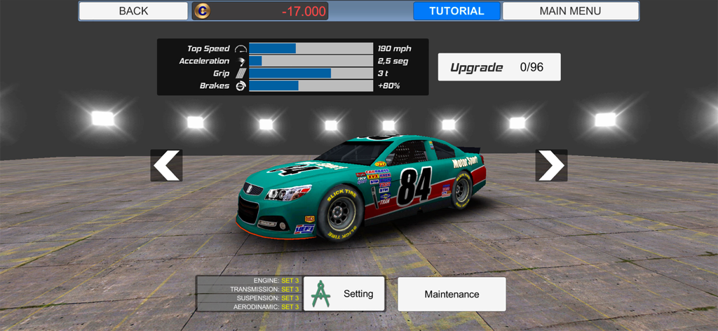 American Speedway Manager - American Speedway Manager garage screen showing stock car performance stats and upgrade options
