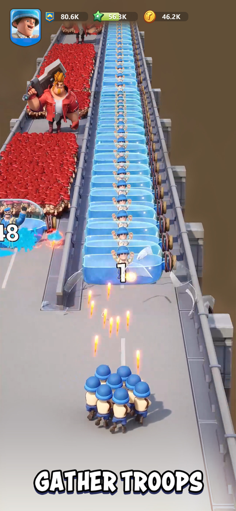 Un grupo de soldados azules marchando en un puente para reunir más tropas en Top War Battle Game