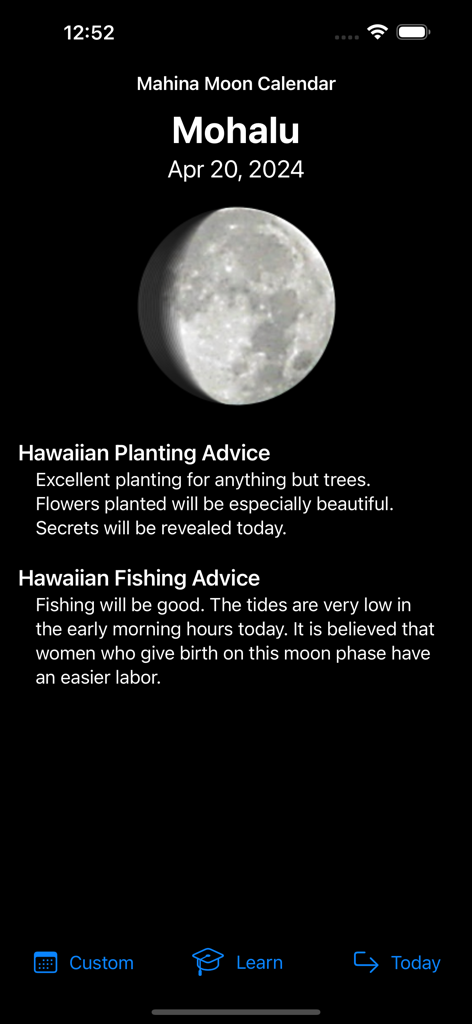Mahina Hawaiian Moon Calendar app interface displaying lunar phase Mohalu with planting and fishing tips