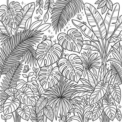 Immerse yourself in a vibrant spring jungle with this intricate tropical leaves coloring page. Featuring lush monstera, elegant palms, and broad banana leaves, it's a perfect blend of exotic beauty and seasonal joy.