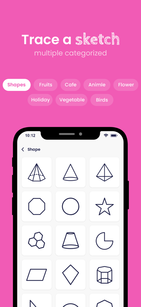 AR Draw - Paint & Sketch - Pantalla de la aplicación AR Draw mostrando plantillas de bocetos categorizadas, incluyendo formas geométricas y categorías de anime