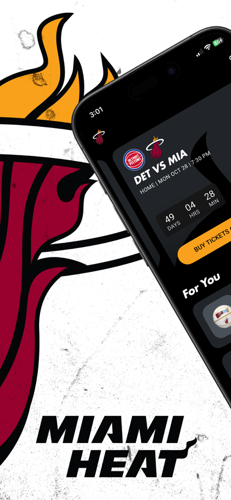 Miami HEAT Mobile app displaying a game countdown for a Detroit Pistons match and a buy tickets button