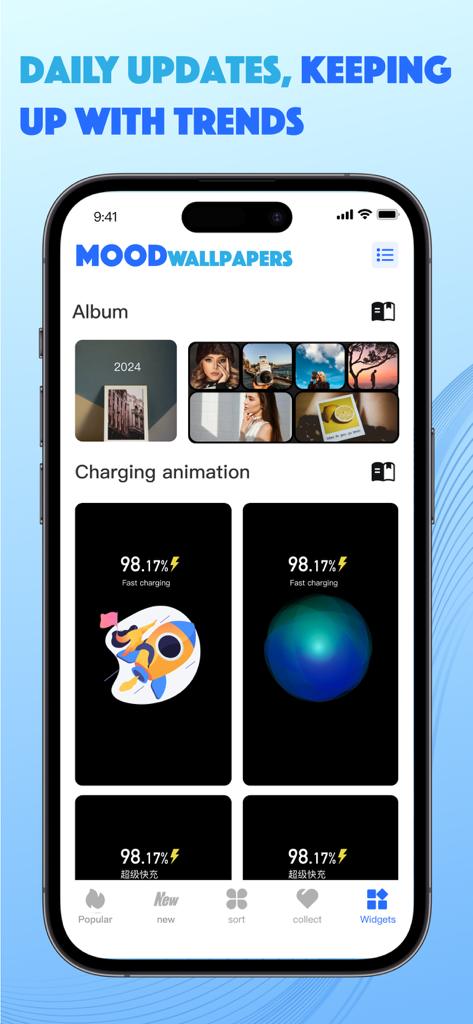 Mood Wallpapers - Tela de smartphone exibindo a interface do aplicativo Papéis de Parede de Humor com álbuns de papel de parede e animações criativas de carregamento.
