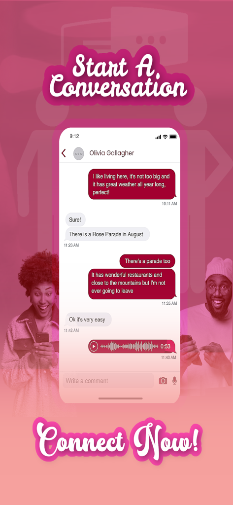 Connect App! - Pantalla de mensajería de Connect App mostrando una conversación con mensaje de voz y texto entre dos usuarios.